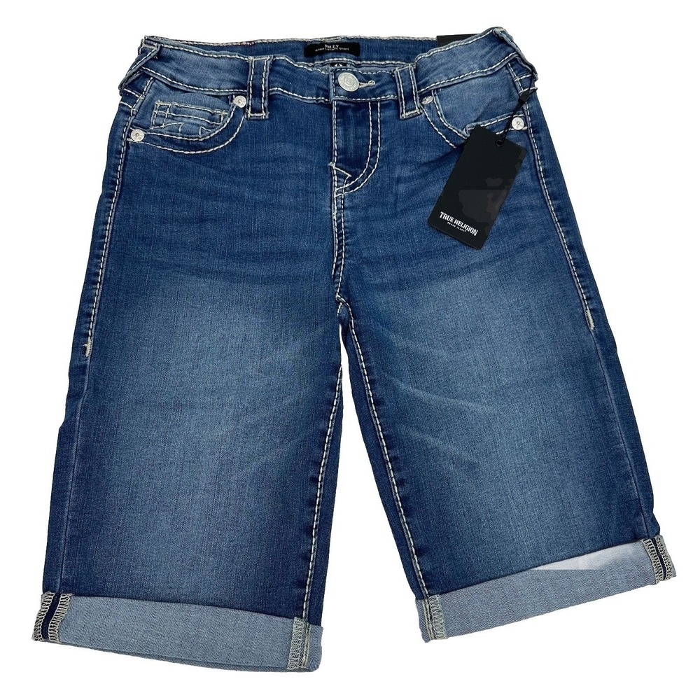 True Religion Women's Riley Big T Rolled Hem Short, Medium Wash, Size 26 New